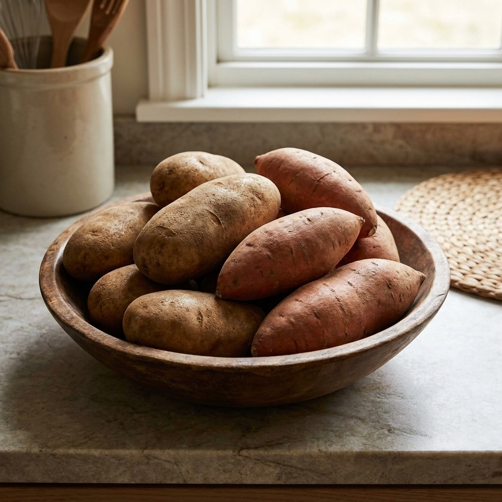 Whole russet potatoes and whole sweet potatoes in a wooden bowl on a kitchen counter