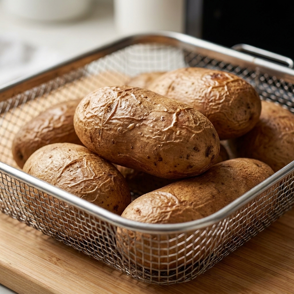 Whole russet potatoes in an air fryer basket with dry, lightly blistered skins after cooking